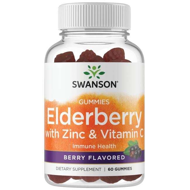 Swanson brand gummies with elderberry, zinc, and vitamin C on a white background